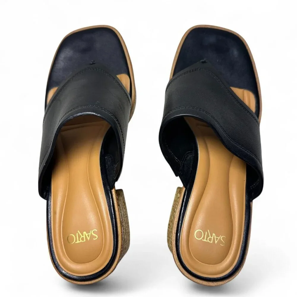 SARTO Ferrara Espadrille Platform Block Heel Sandal, Black, Sz 7.5, NWOB